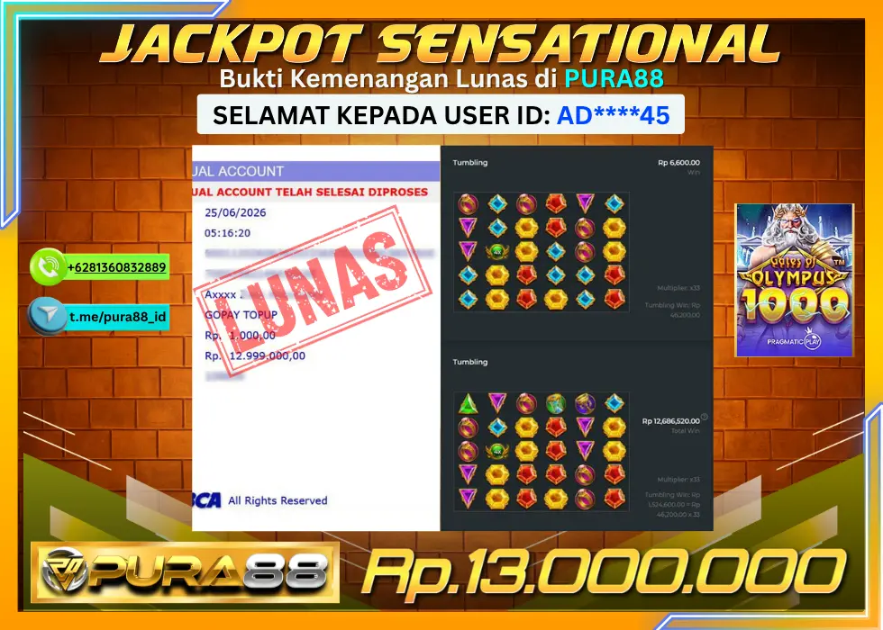 PURA88 JACKPOT GATES OF OLYMPUS 1000 Rp 13.000.000,- LUNAS